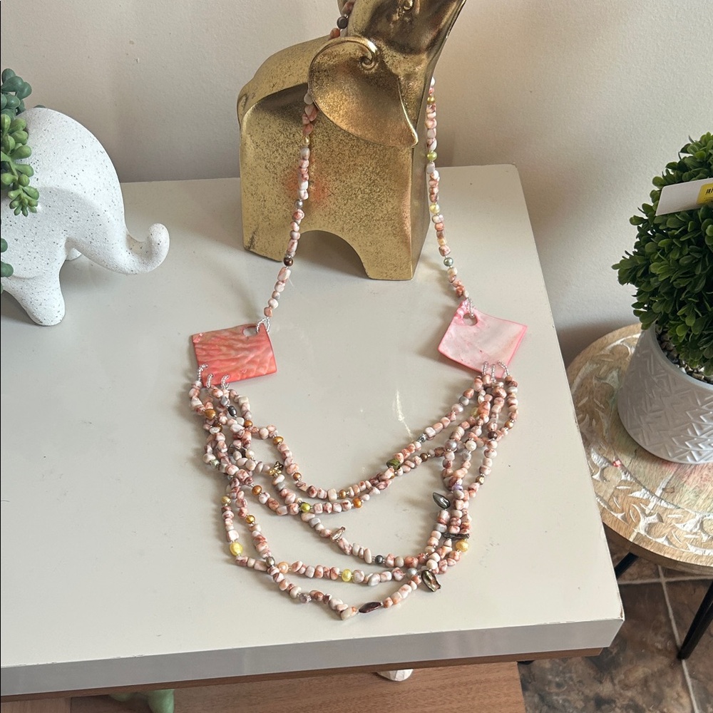 Handcrafted Pink Shell Bead Multi-Strand Necklace - Picture 2 of 6